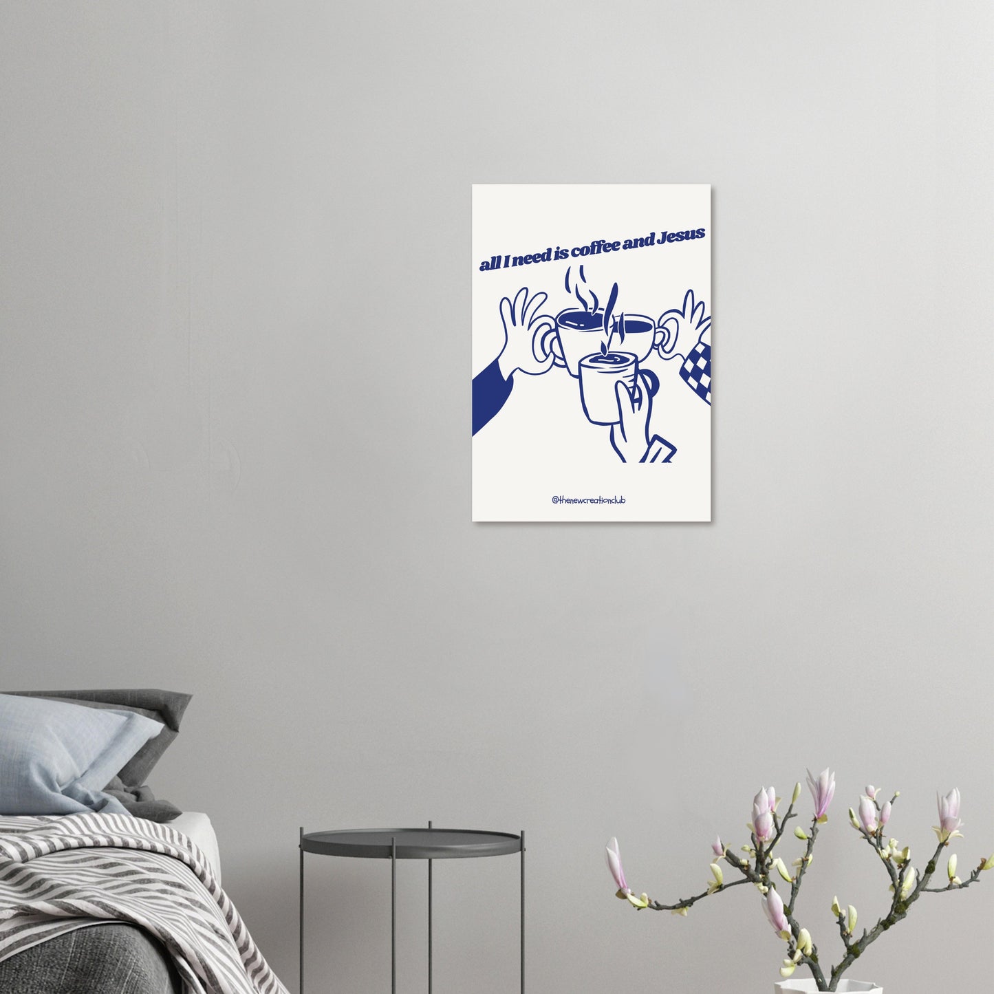 Christian Coffee and Jesus Poster – Modern design in blue and cream white