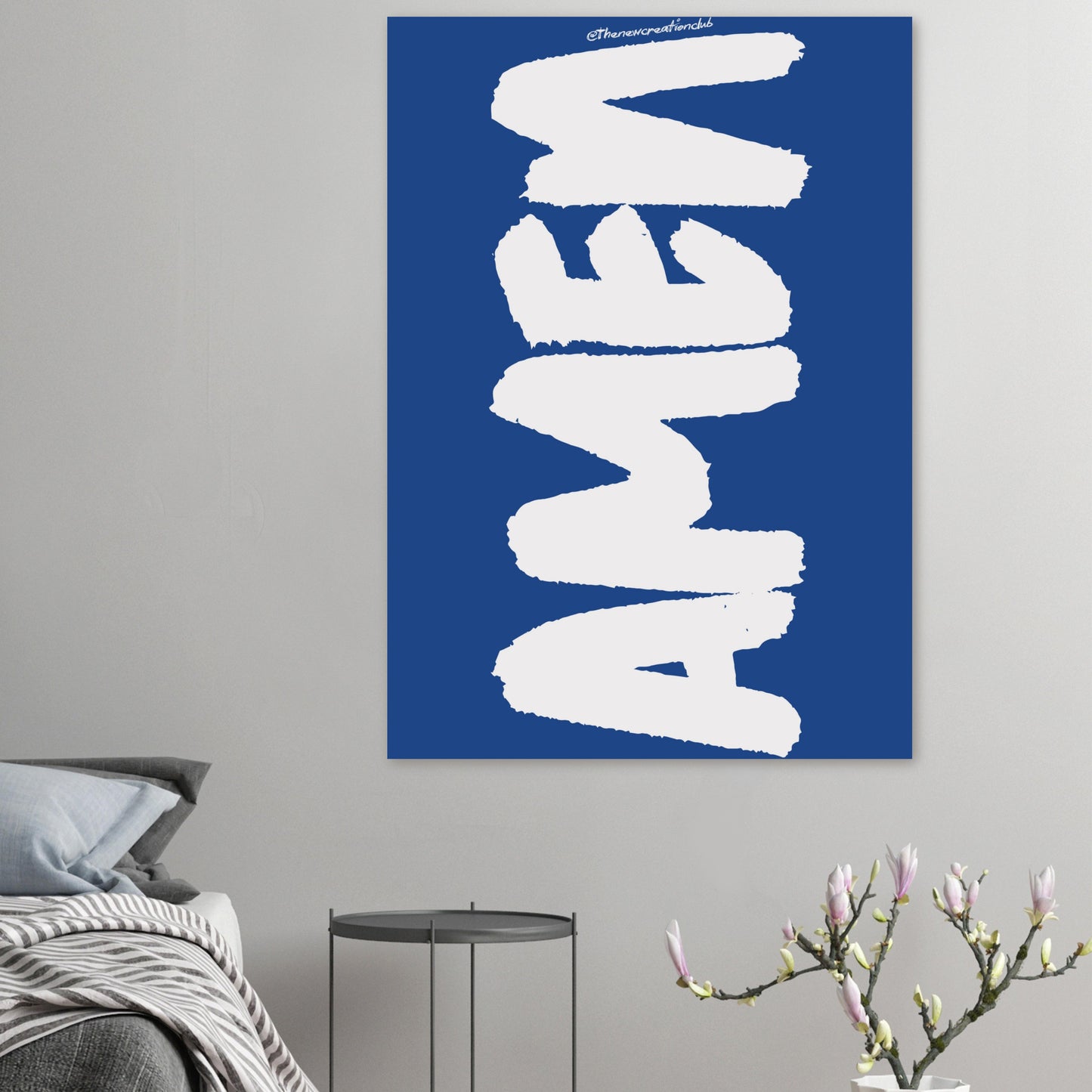 Christliches Poster mit Aufschrift 'Amen' – Modernes Blau und Weiß Design