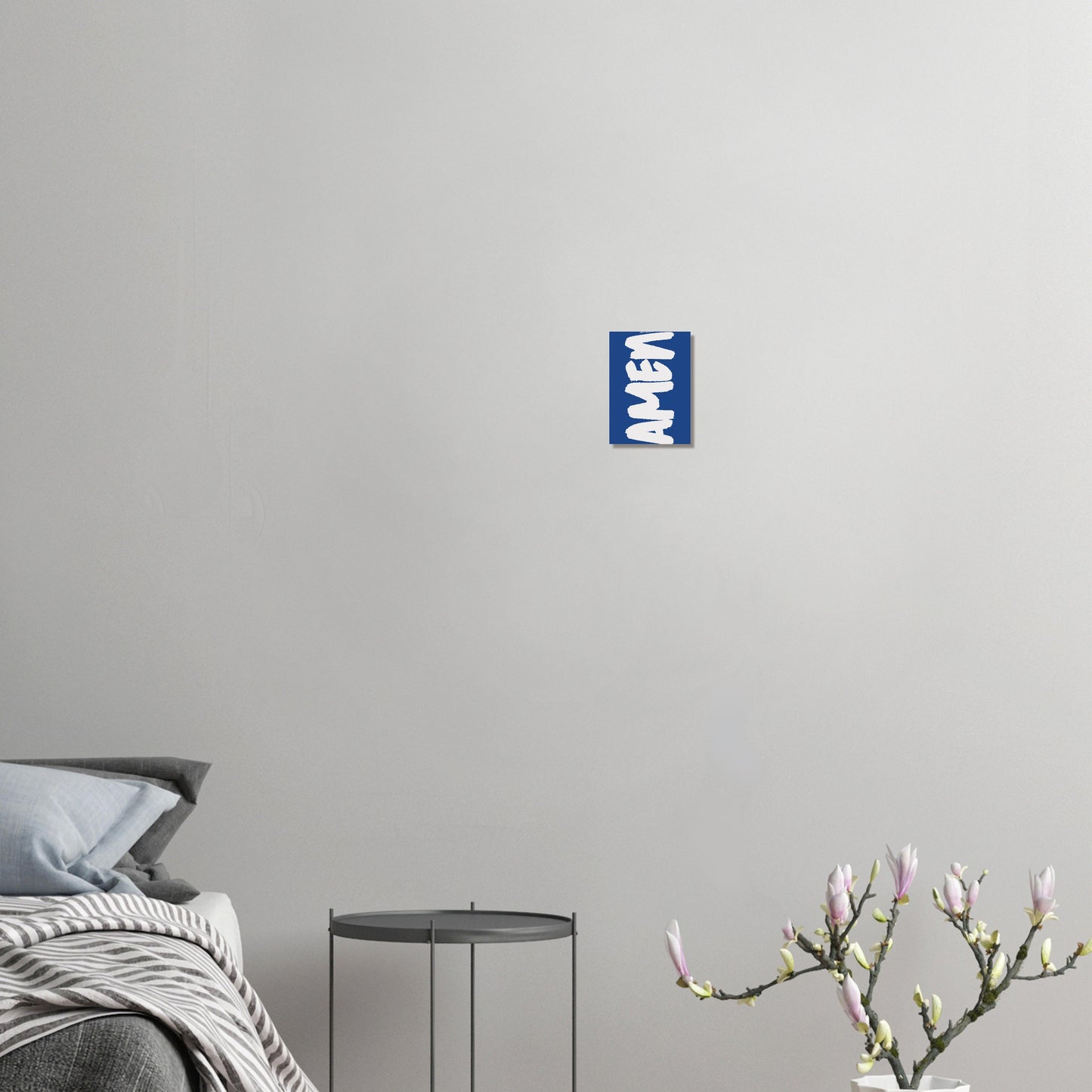 Christliches Poster mit Aufschrift 'Amen' – Modernes Blau und Weiß Design