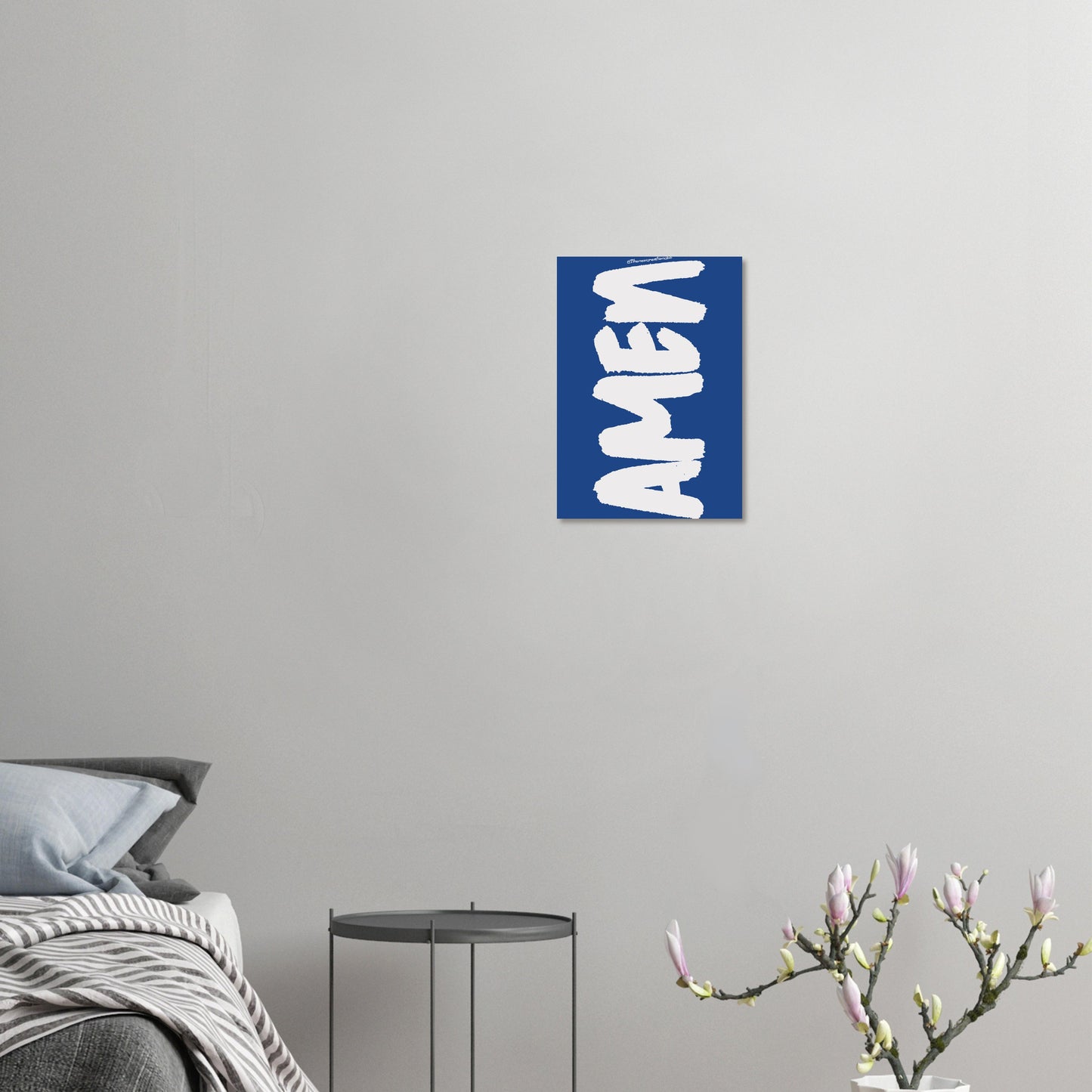 Christliches Poster mit Aufschrift 'Amen' – Modernes Blau und Weiß Design
