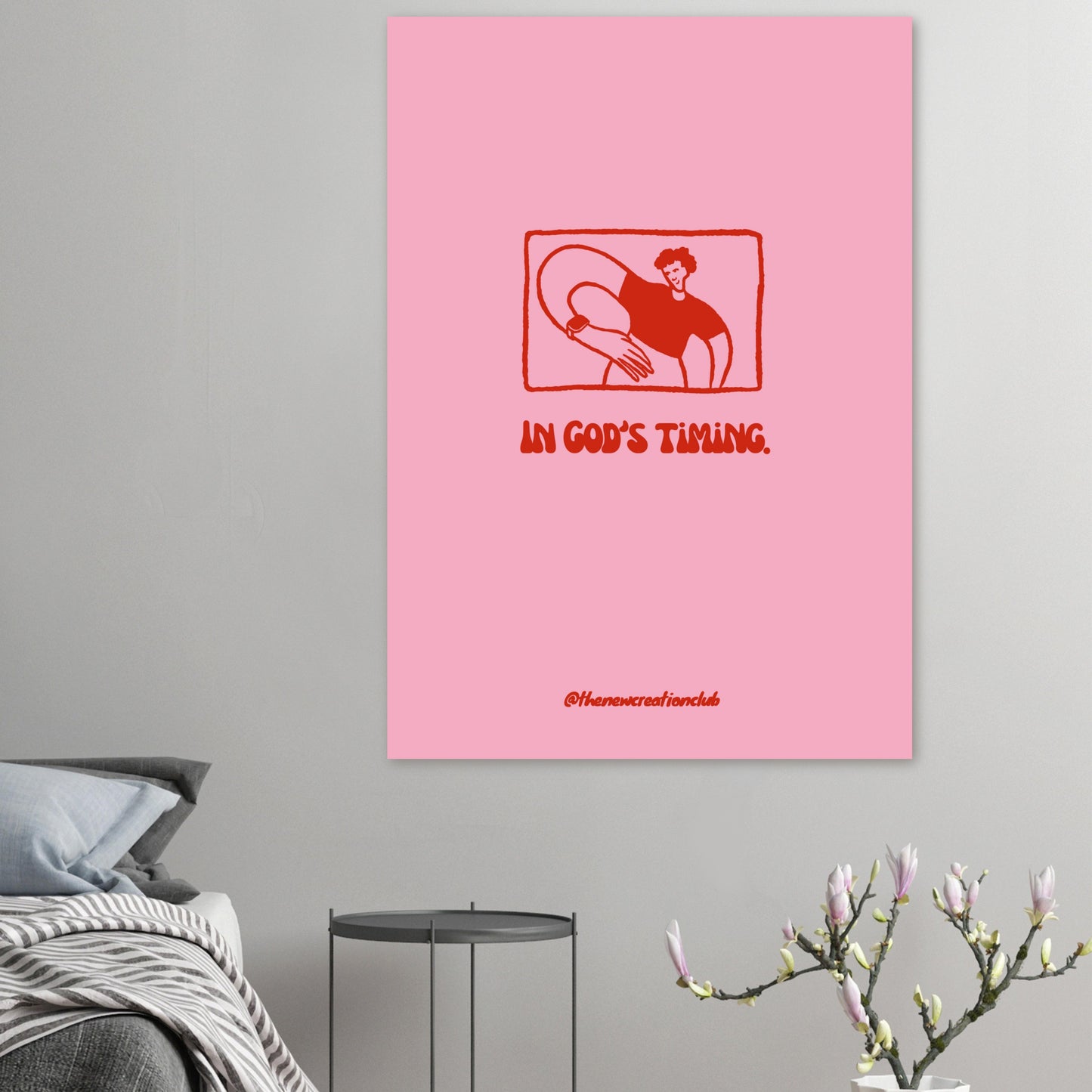 Christian poster 'In God's Timing' – Modern design in pink and red