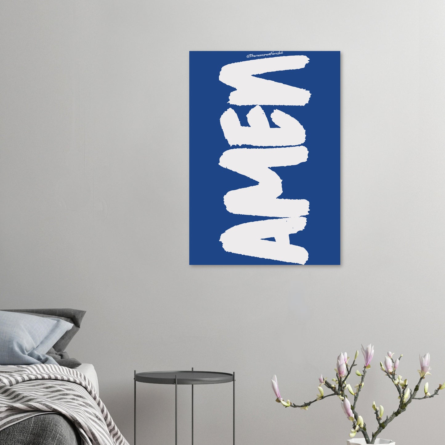 Christliches Poster mit Aufschrift 'Amen' – Modernes Blau und Weiß Design