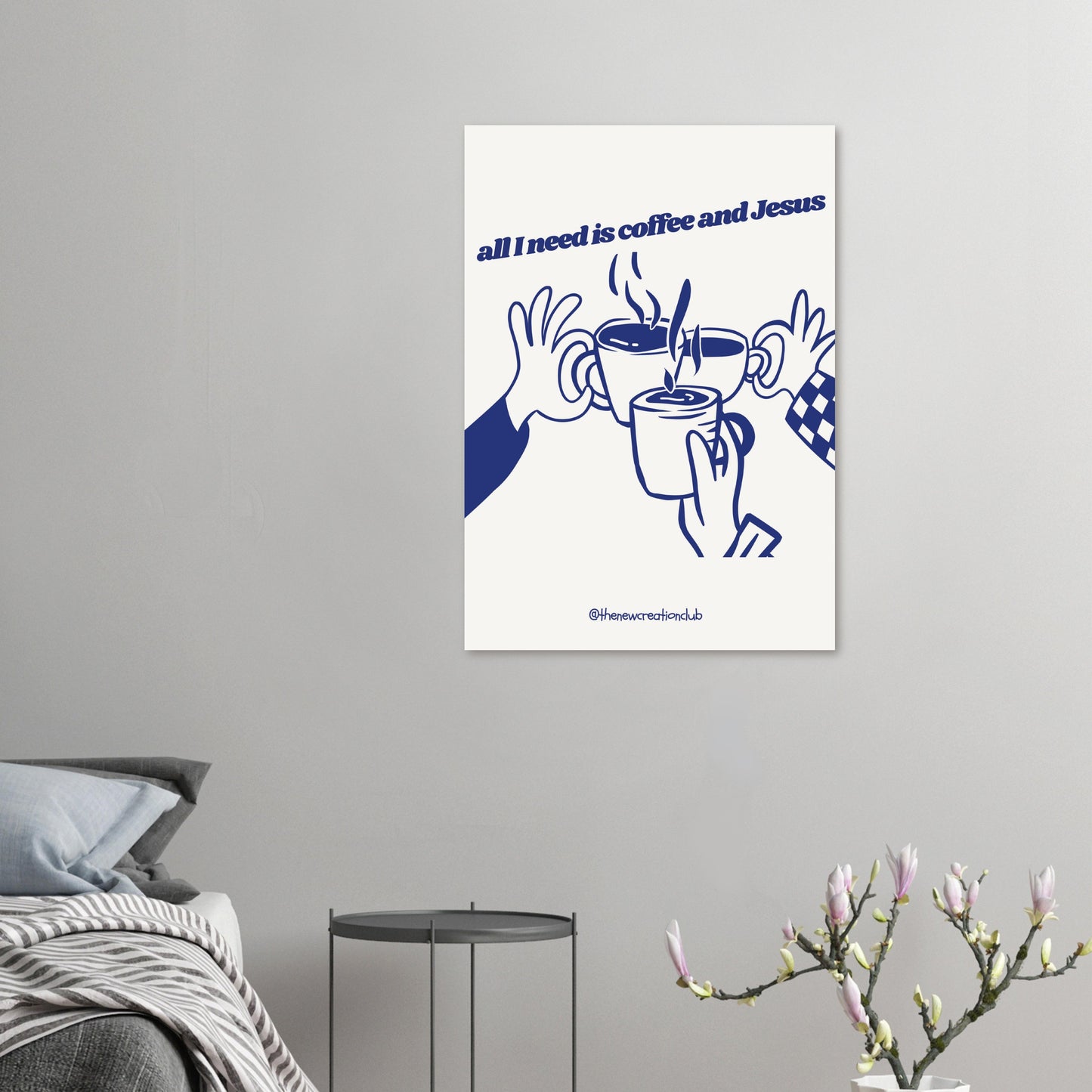 Christian Coffee and Jesus Poster – Modern design in blue and cream white