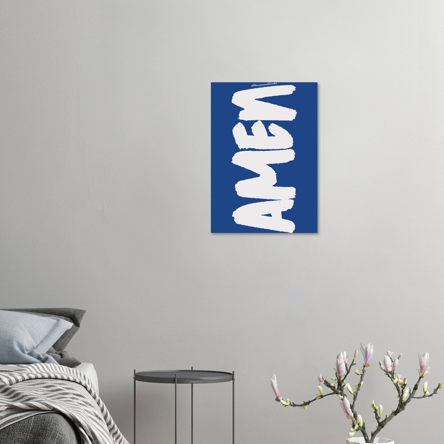 Christliches Poster mit Aufschrift 'Amen' – Modernes Blau und Weiß Design