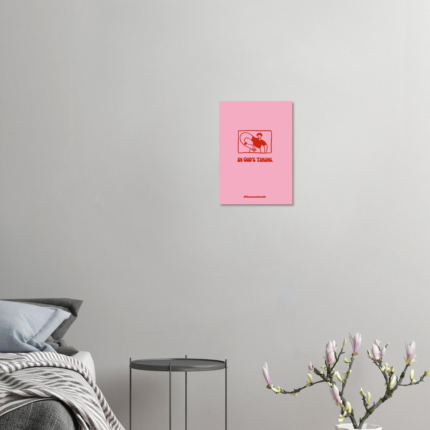 Christian poster 'In God's Timing' – Modern design in pink and red