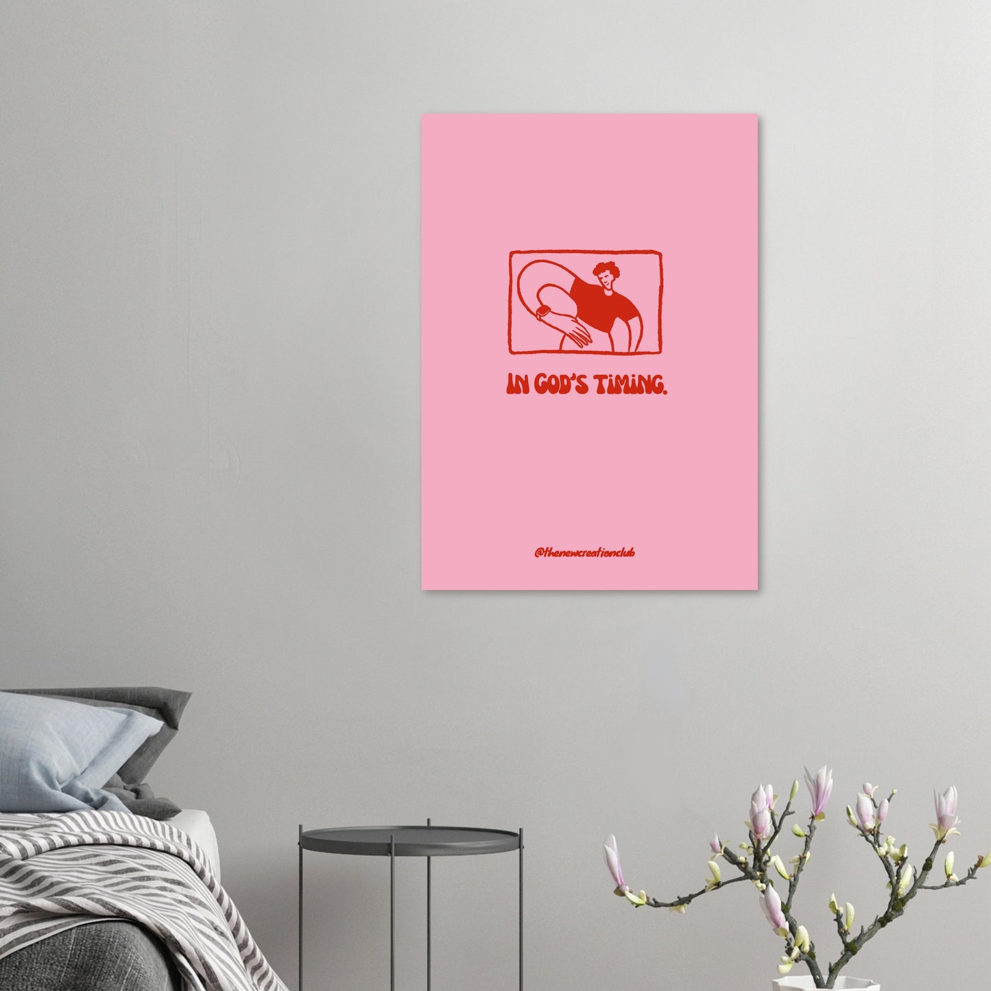 Christian poster 'In God's Timing' – Modern design in pink and red