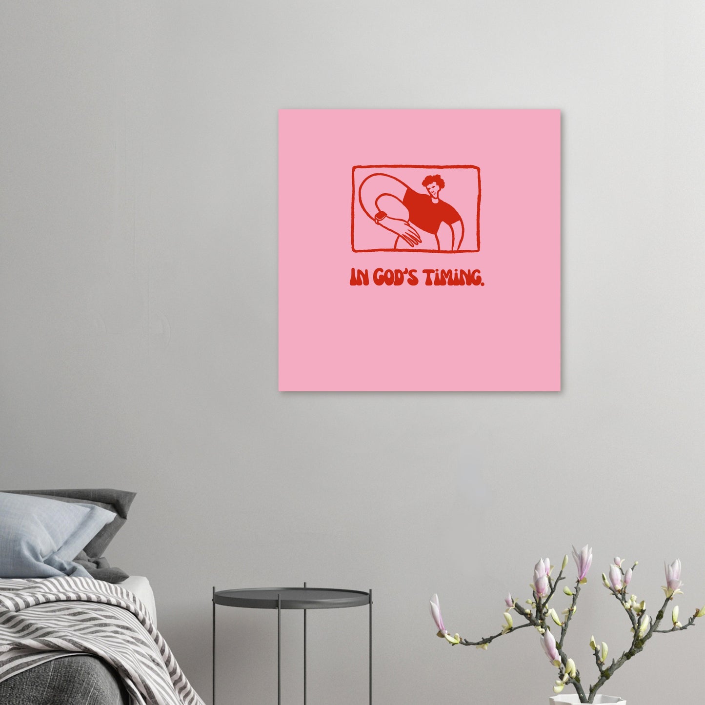 Christian poster 'In God's Timing' – Modern design in pink and red