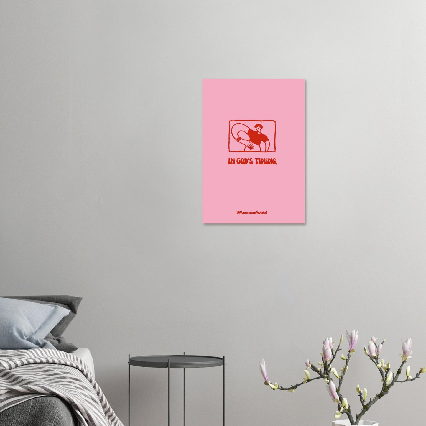 Christian poster 'In God's Timing' – Modern design in pink and red