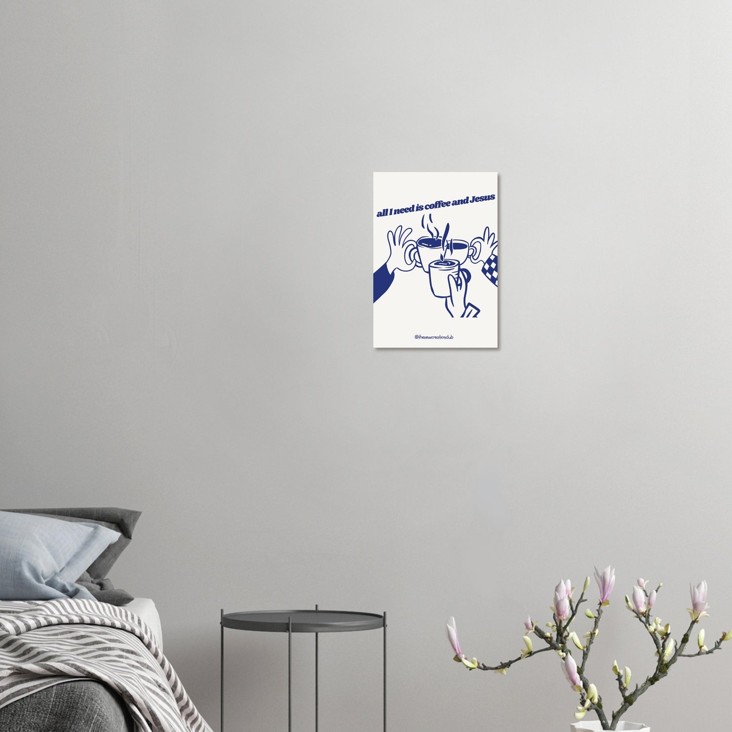 Christian Coffee and Jesus Poster – Modern design in blue and cream white